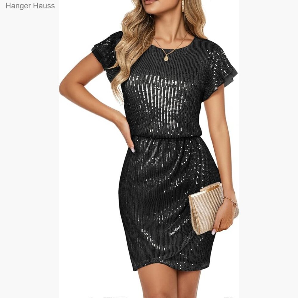 Sequin Cocktail Dress Cap Sleeves Glitter Party Holiday Formal Elegant